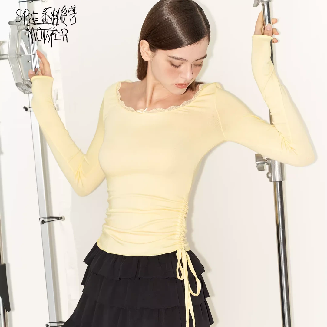 香料怪兽春夏新柔软针织腰侧抽褶长袖上衣【黄色蕾丝打底】