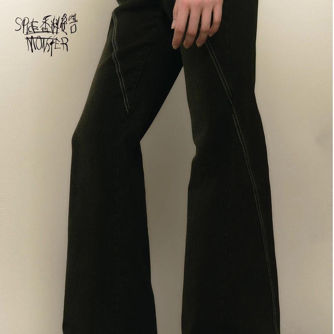 香料怪兽秋冬白色撞色分割线中低腰高弹提臀显瘦「薄绒喇叭牛仔裤」