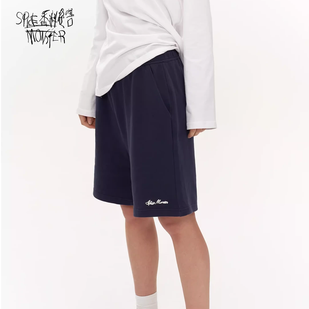 香料怪兽春夏新学院风少年感针织绣花短裤五分裤【藏蓝色卫裤】