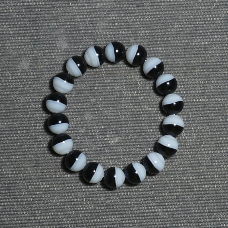 天然黑白天地药师玛瑙圆珠手串11.8mm 单圈手链佛珠男女