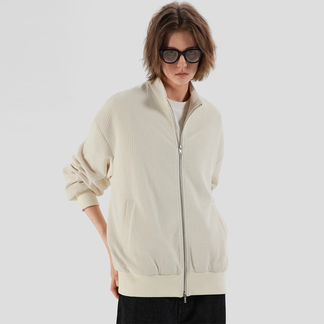 ESAT 双色不规则仿毛提花小立领廓形拉链外套