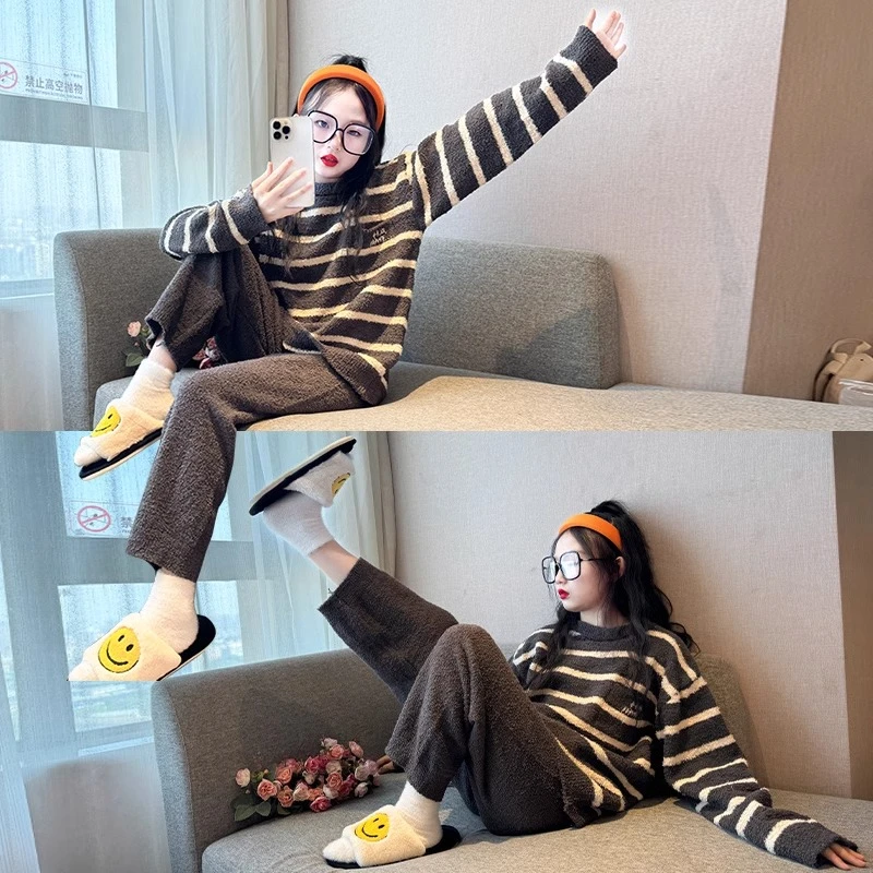 女孩睡衣初中生女大童2025新款女童秋冬加绒套装儿童半边绒家居服
