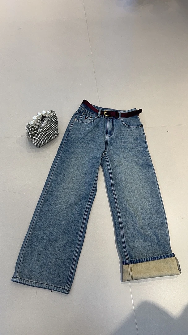 【滨海名都专属】欧货2024秋冬新款加绒牛仔裤显瘦中高腰直筒裤