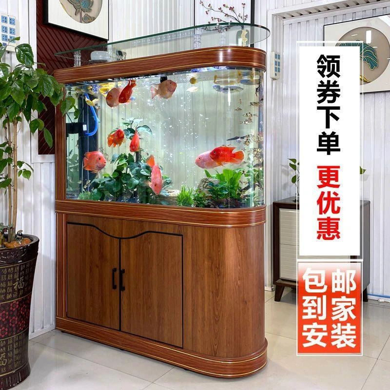 鱼缸客厅家用隔断屏风玄关玻璃中式子弹头生态水族箱中大型带柜鞋