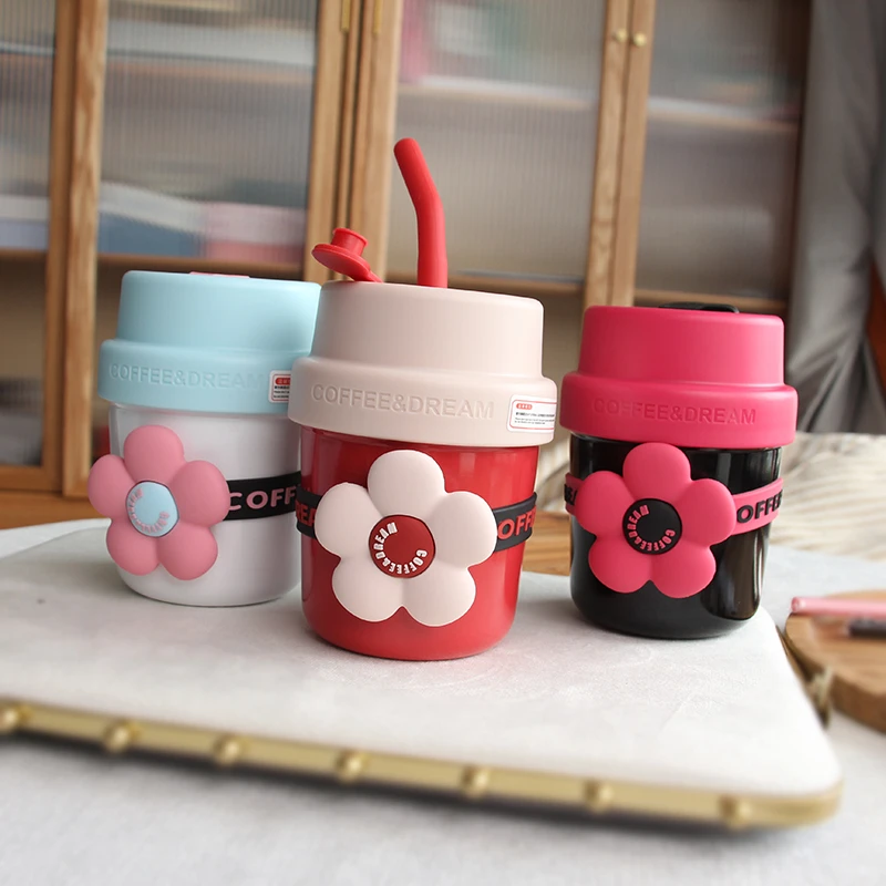 多巴胺可爱花朵316不锈钢保温杯 咖啡杯便携式随行吸管杯子400ml