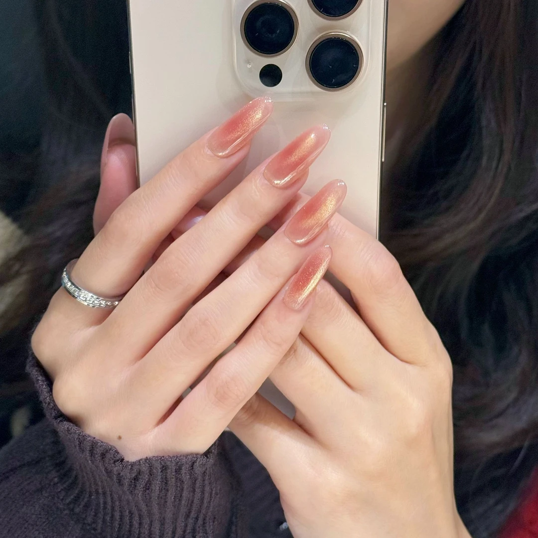 〖S1750金秋〗王富贵-腮橘浅金水晶球高级猫眼10片纯手工定制穿戴甲