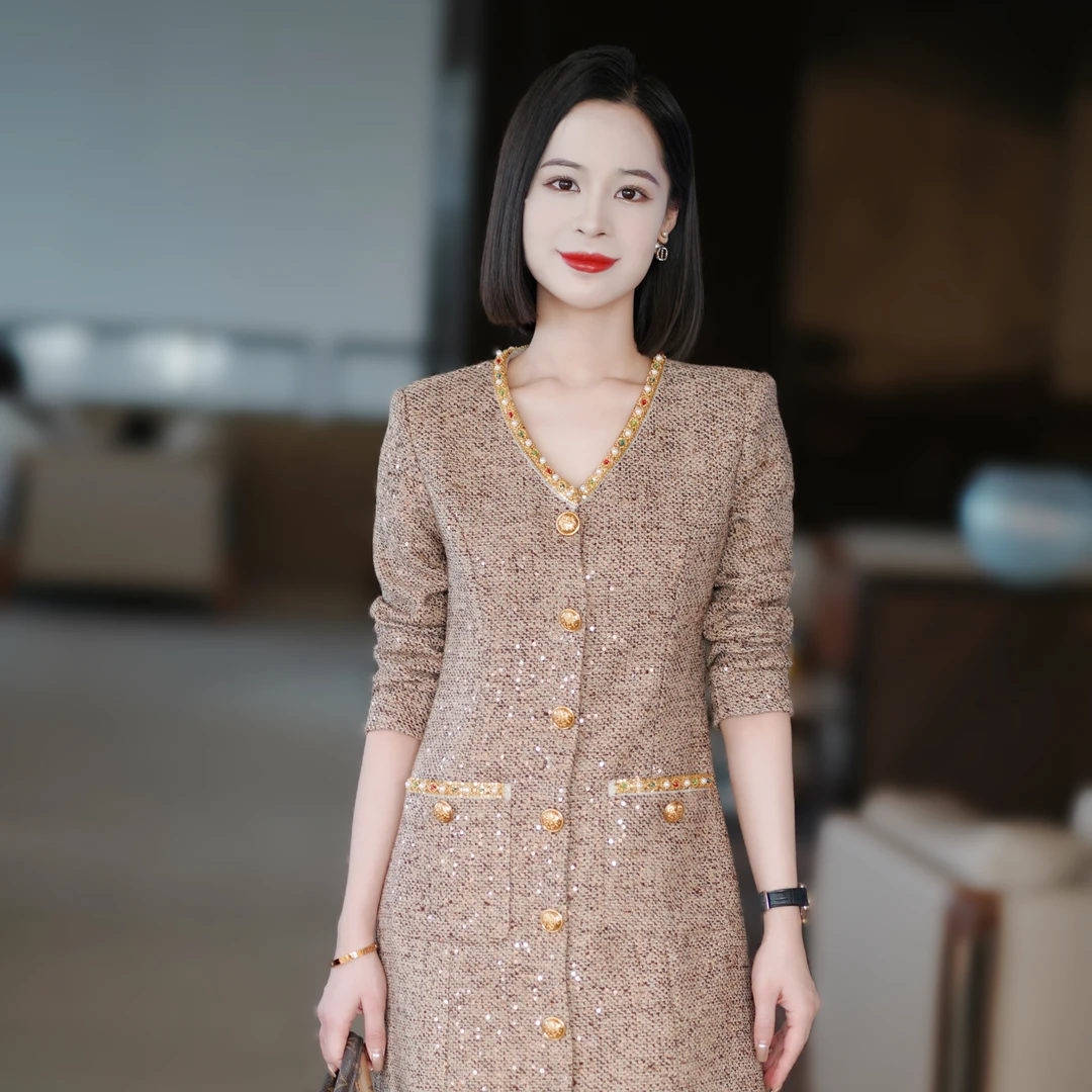 罗美拉 高级感V领法式优雅小香风显瘦连衣裙#413