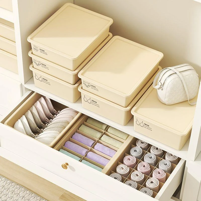 奶油风内衣内裤袜子收纳盒带盖衣柜家用卧室三合一衣物收纳箱宿舍