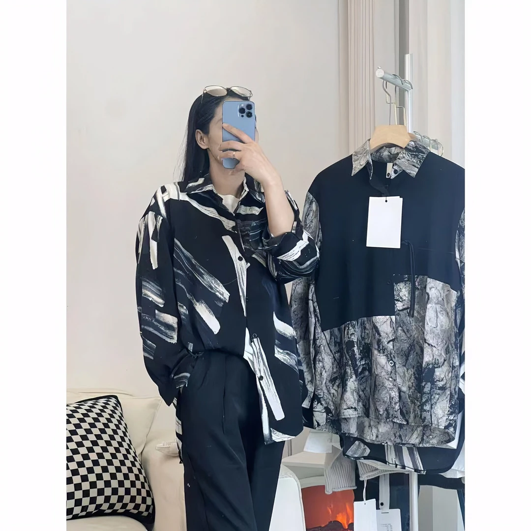 2024春夏季韩版轻奢感休闲不规则印花衬衫