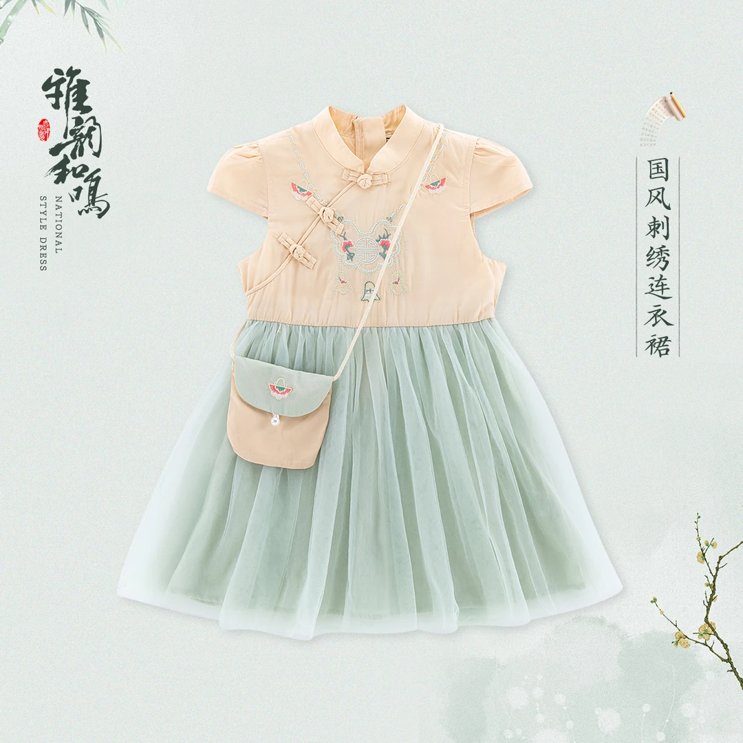 22754女小童女孩连衣裙儿童夏季复古古风宝宝国风刺绣NDLCJ22754A