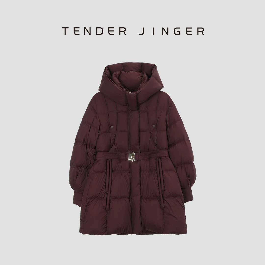 Tender Jinger系带收腰时尚休闲连帽中长款羽绒服T44SBL78968