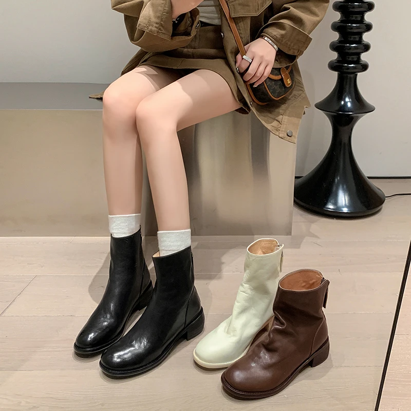 Rich品质女鞋|34-40|4.5cm秋季真皮复古圆头简约经典百搭短靴女