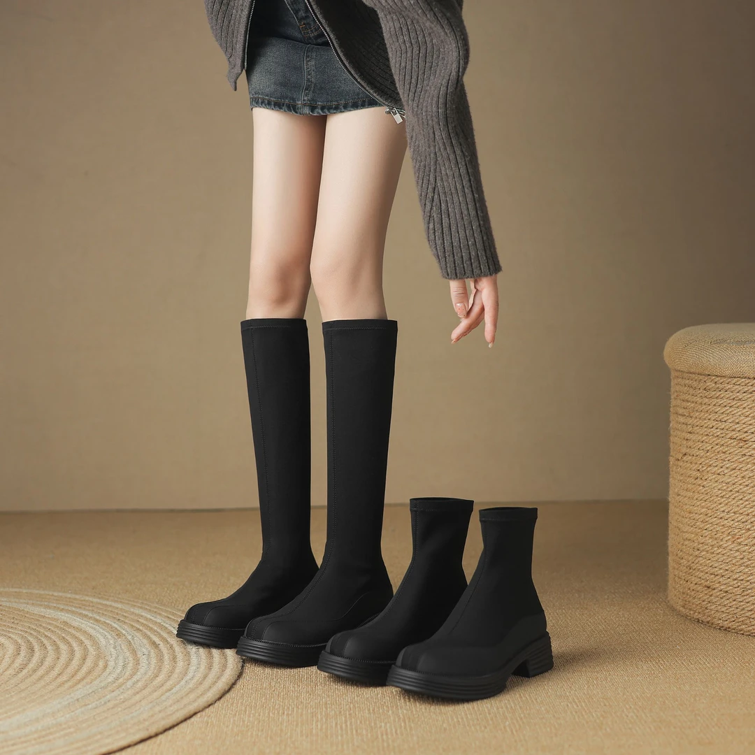 Rich品质女鞋|34-39|4.0cm|秋冬圆头复古套筒显瘦厚底粗跟弹力靴