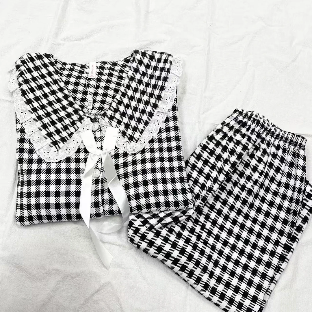 905 胸垫女士春秋季睡衣长袖娃娃领公主风花边套装休闲格子家居服