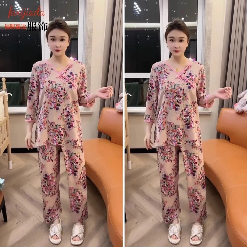 3069 女士七分袖休闲宽松印花睡衣女套装