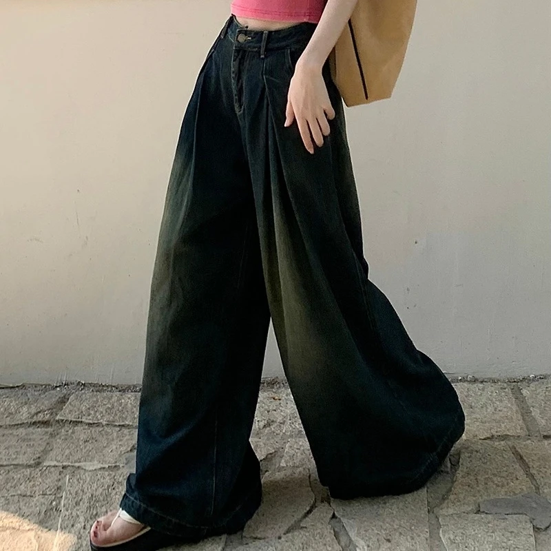 【小圆同款】女装阔腿拖地牛仔裤水洗复古蓝显瘦长款高腰垂感裤