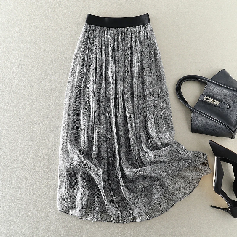 时尚印花真丝桑蚕丝半身裙中长款气质百搭夏季新款a字裙高腰伞裙