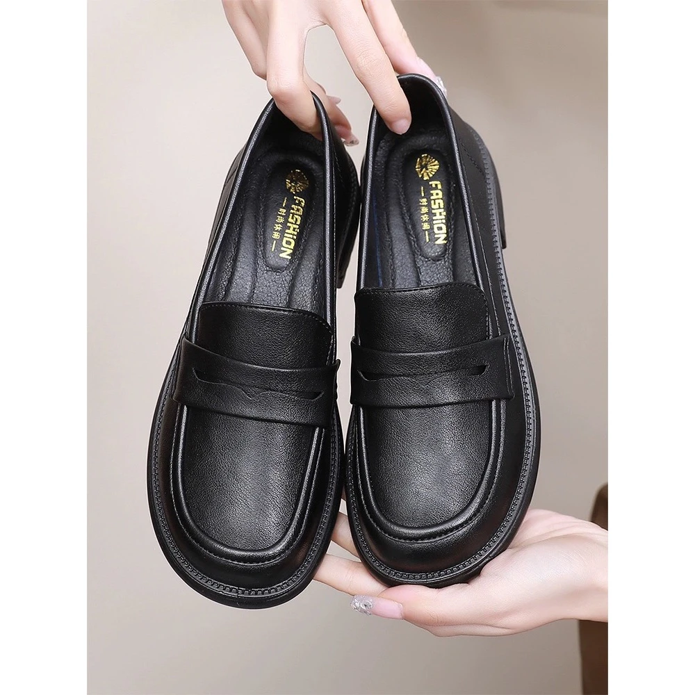 【真皮正品小皮鞋】乐福女软皮套脚舒适粗跟中跟一脚蹬单鞋女媽媽鞋