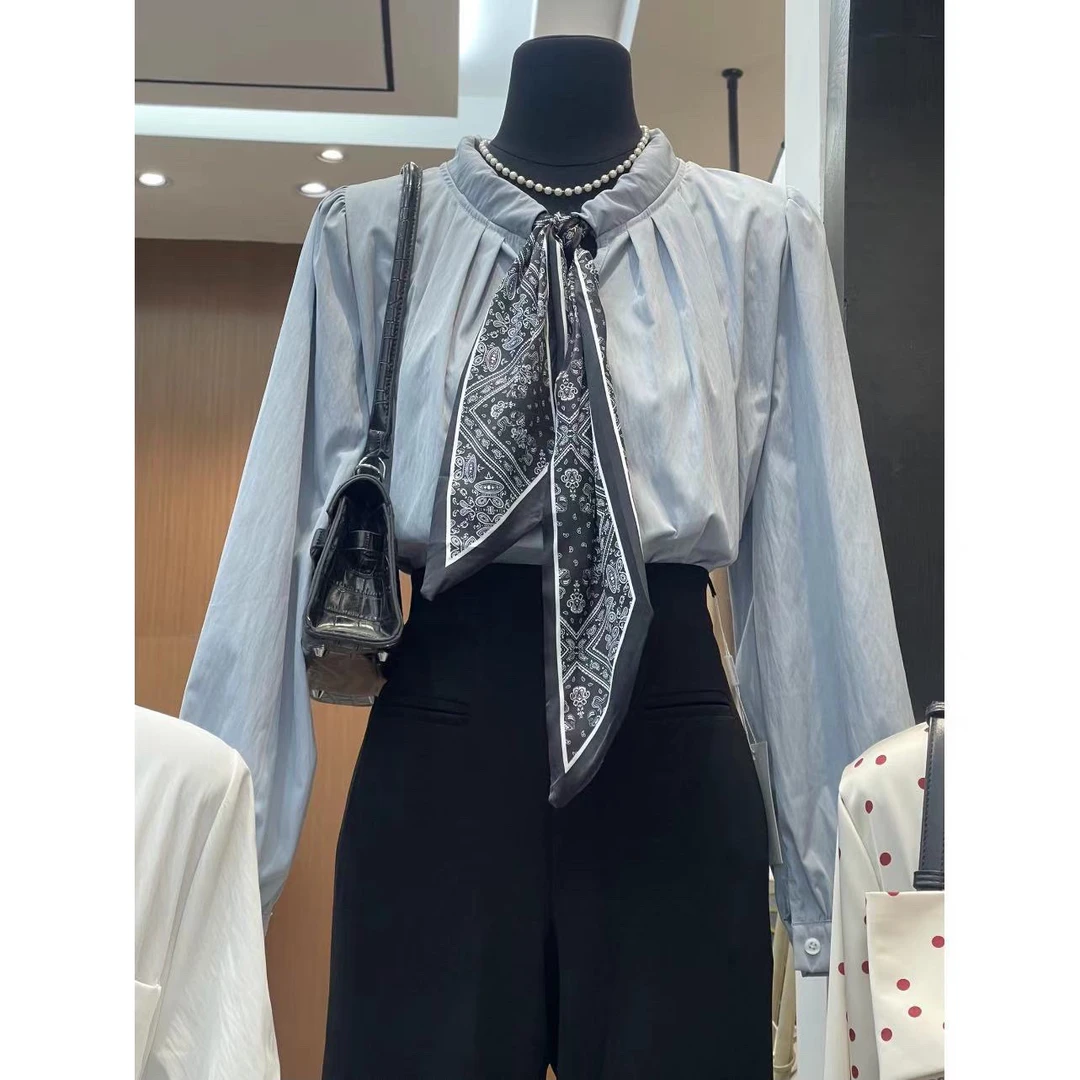韩国东大门2024年秋季韩版通勤气质设计感丝巾抽绳长袖衬衣