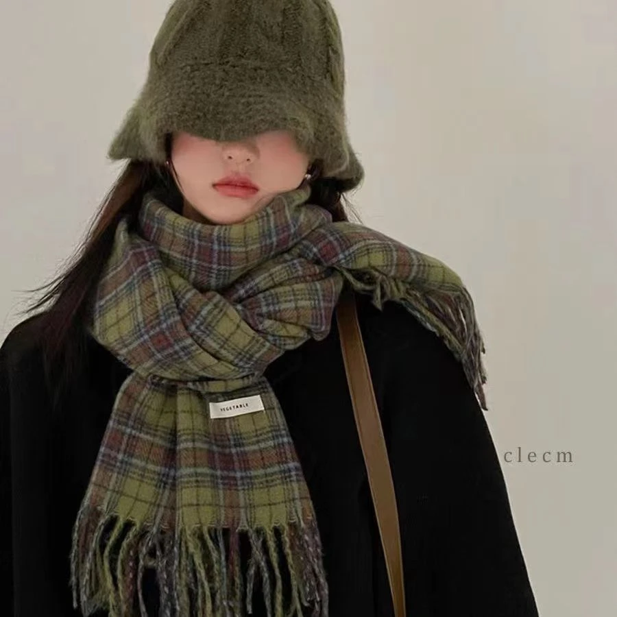 2025韩版流光风复古绿色格子围巾女秋冬季学生保暖百搭氛围感围脖