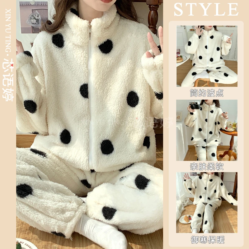 芯语婷秋冬新款简约波点法兰绒睡衣小众女士御寒保暖家居服套装