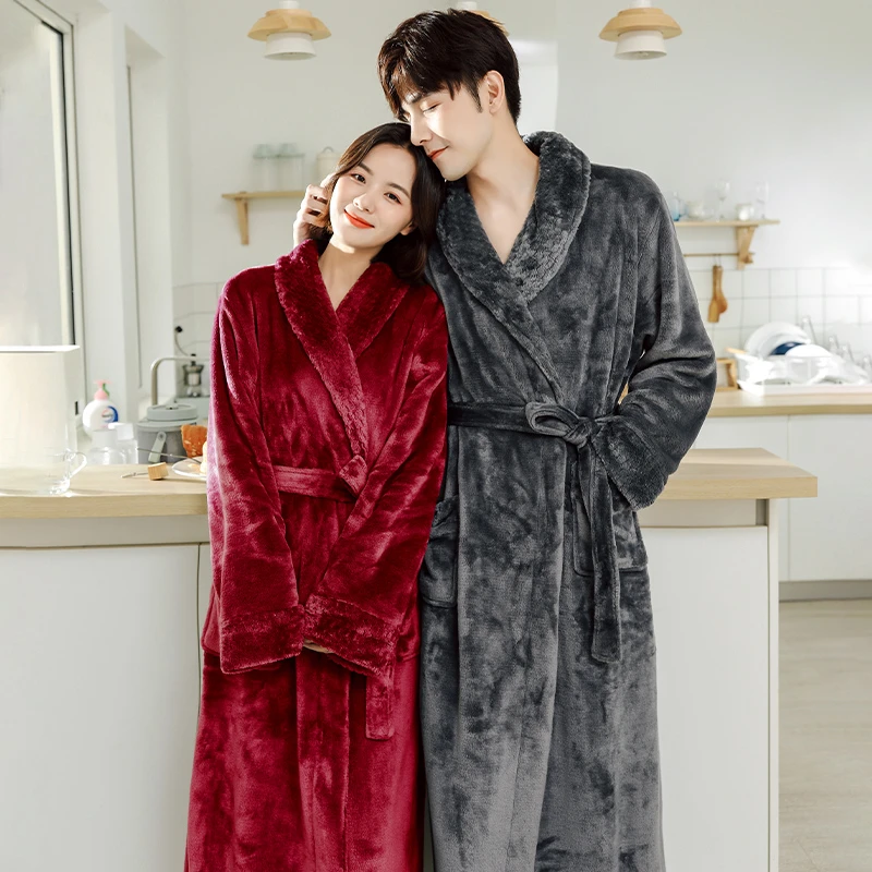 睡袍女秋冬长款珊瑚绒酒店同款浴袍情侣加绒加厚法兰绒睡衣男春季