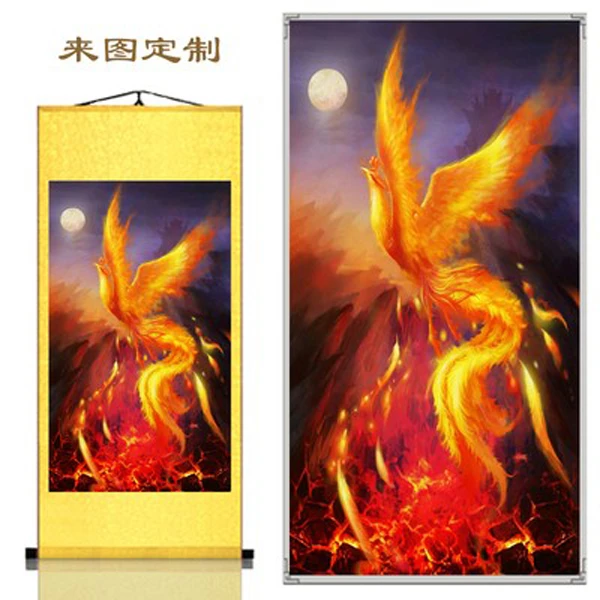 客厅火凤凰黄色火焰飞翔金色凤凰竖款条幅丝绸卷轴挂画鸟装裱壁画