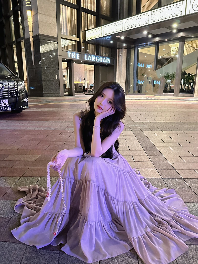 妖精的美美 【弥漫星河】 茶歇法式大摆高腰紫色长裙甜美气质连衣裙