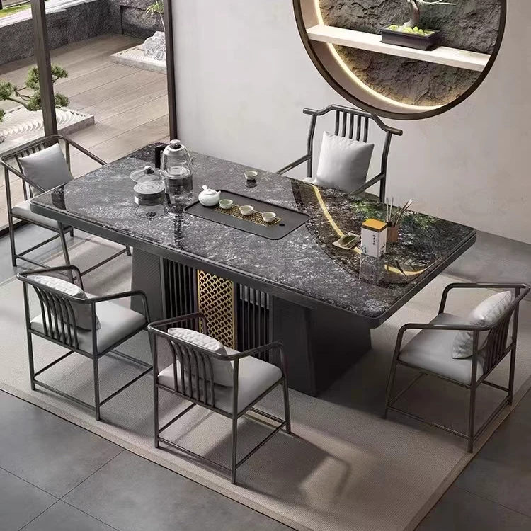 中式轻奢岩板茶桌组合办公室家用阳台岩板轻奢茶台简约时尚岩板