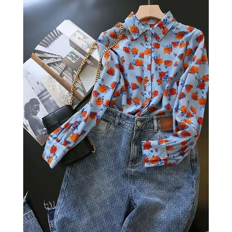 莫奈花园油画印花上衣浪漫法式玫瑰衬衣女设计感小众长袖衬衣早秋