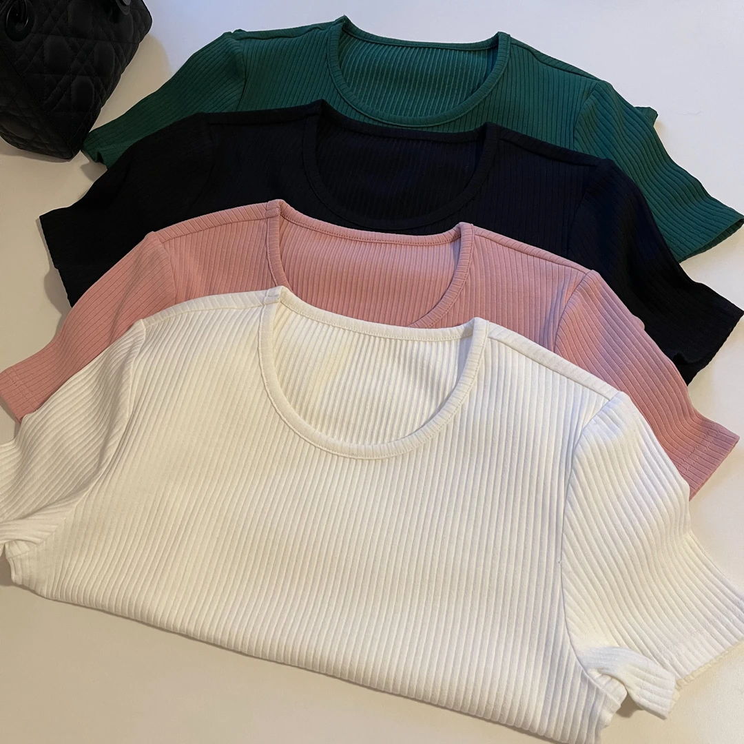 miss muzi【特价】简简单单的髙品质精致坑条弹力显瘦圆领T恤