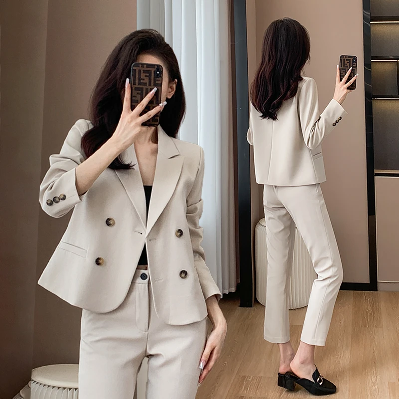 小个子西装套装女秋季2025新款职业装高级感米白色短款小西服外套