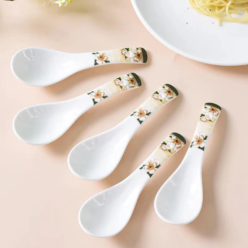 山茶花创意陶瓷小汤勺到手10只耐高温易清洗不易发霉喝汤勺家用