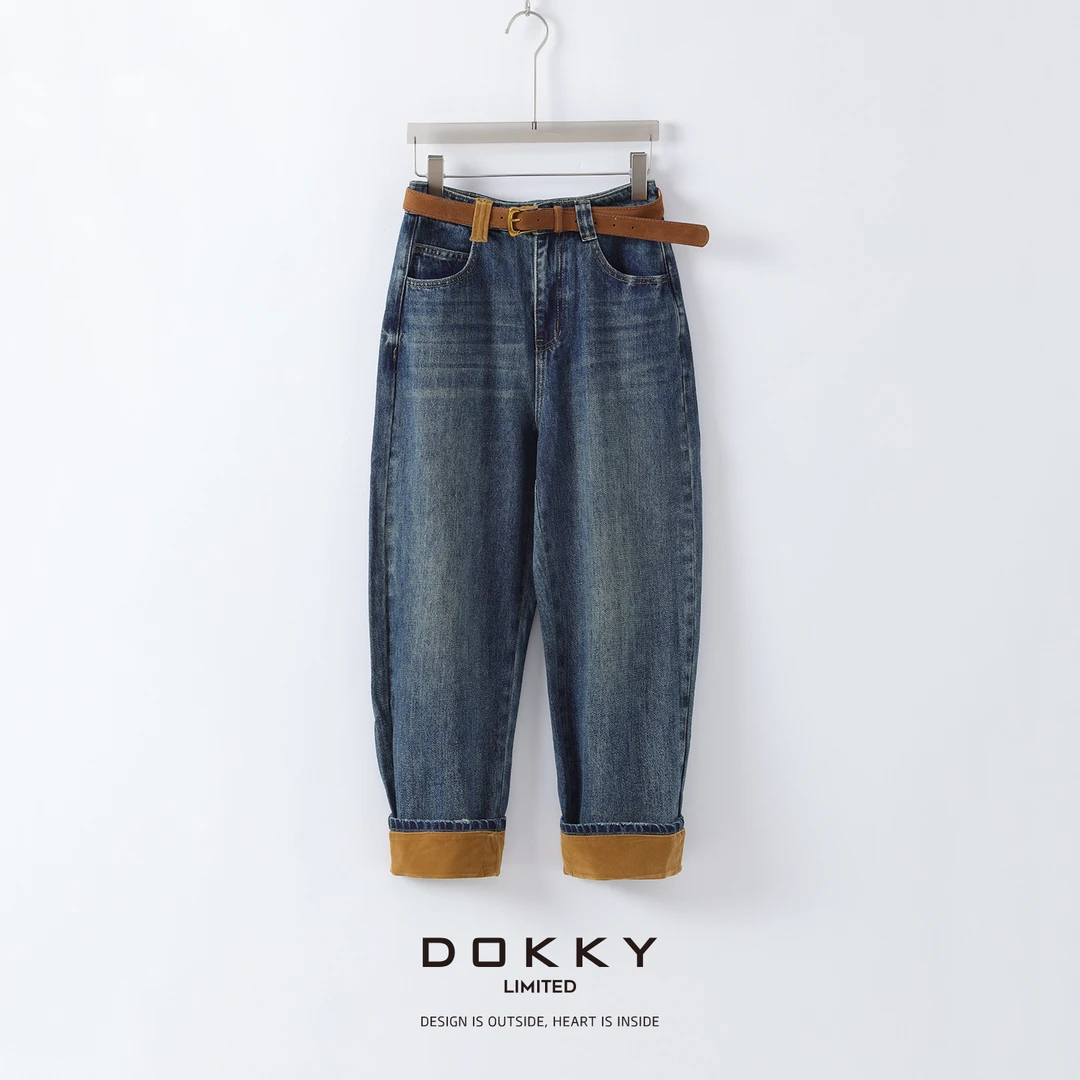 【晨昏双境】DOKKY送腰带!两穿可翻边.复古撞色|纯棉小萝卜裤牛仔裤