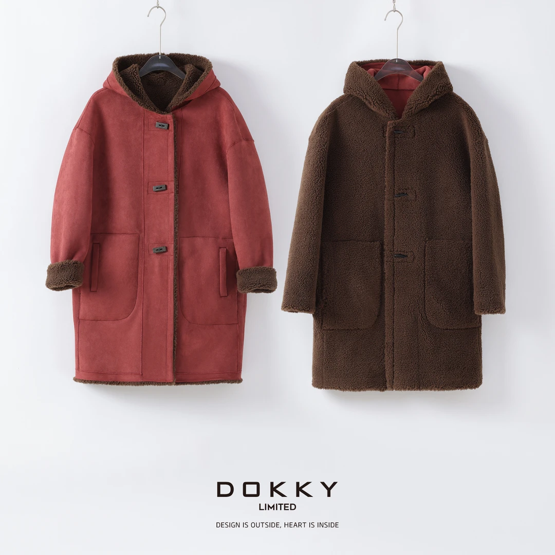 【泰迪大衣】DOKKY双面两穿·撞色颗粒绒.软轻|中长款牛角扣连帽外套