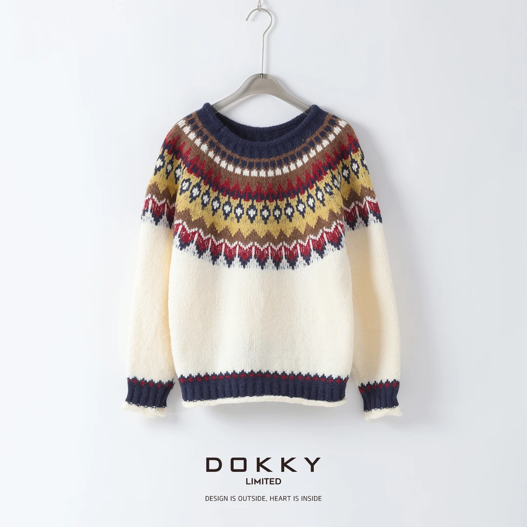 【平安夜颂歌】DOKKY费尔岛提花.软糯亲肤.温暖撞色|卷边领毛衣