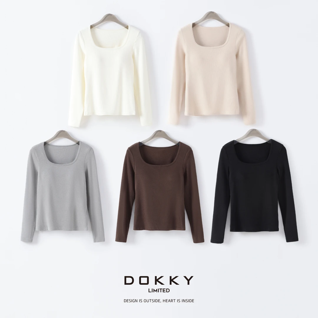 【黑松露小方领】DOKKY软软巨好穿！精工坑条|一体式胸垫磨毛打底衫