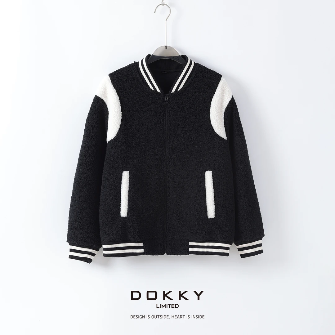 【熊猫外套】DOKKY毛茸茸！保暖御寒.时髦百搭|颗粒绒撞色棒球服