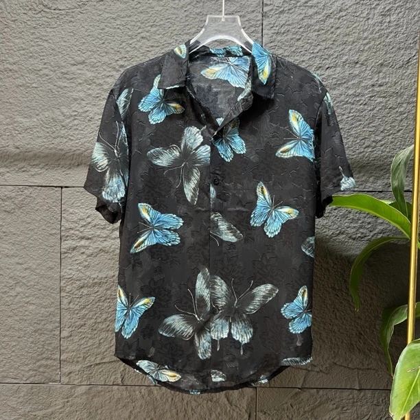 夏季新品男士时尚复古休闲立体工艺百搭衬衫短袖7856