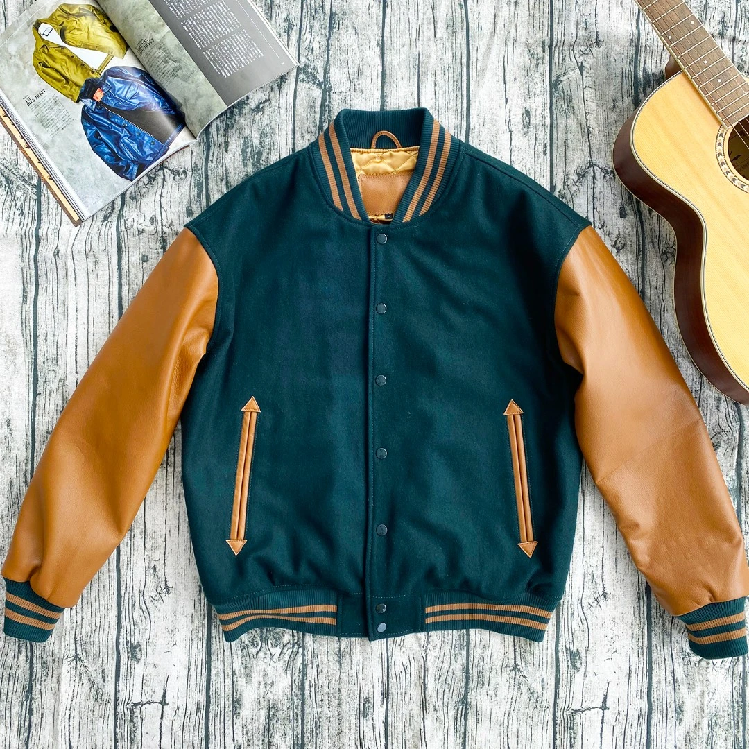 秋冬新款棒球服羊皮袖子拼接棒球服真皮拼接皮夹克男士休闲外套