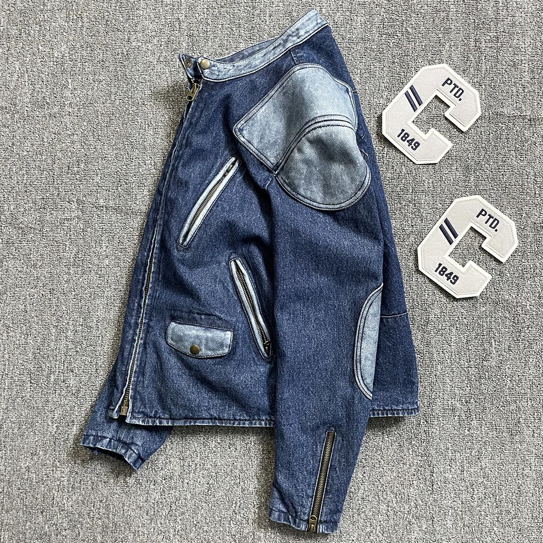 订单剩余！日系牛皮牛仔布外套毒液复古做旧皮衣立领机车夹克男士