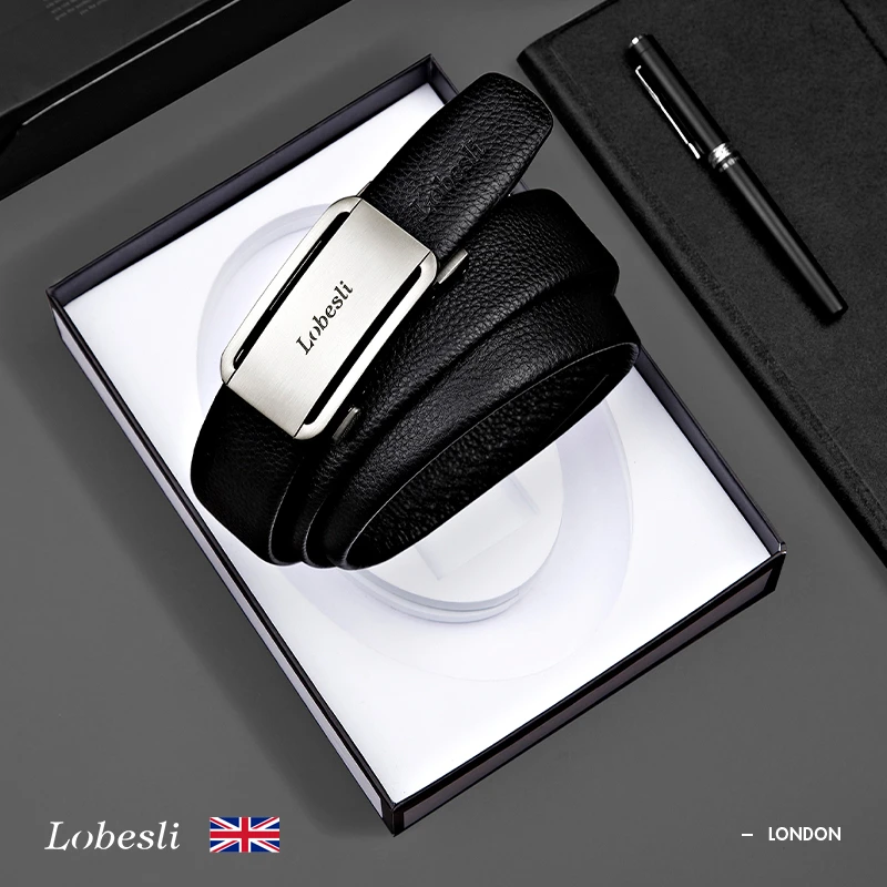 英国lobesli皮带男真皮自动扣头层牛皮休闲腰带商务裤带高档礼盒
