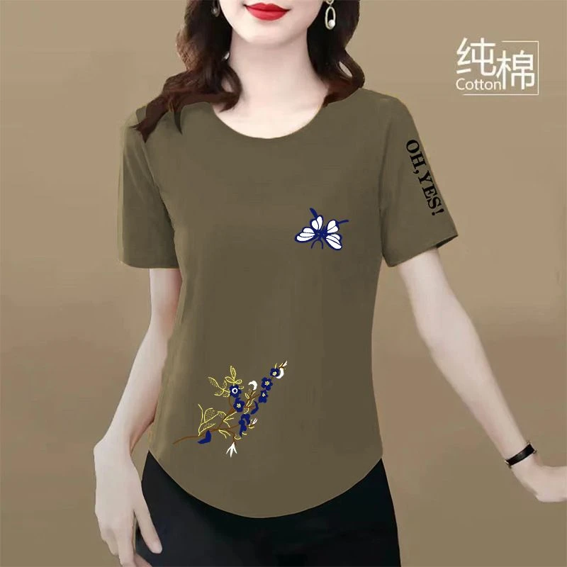 品质棉短袖T恤女夏季新款洋气显瘦体恤休闲百搭不规则弧形上衣潮