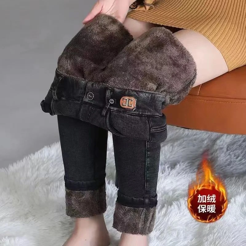 加绒打底加厚牛仔裤女秋冬季新款弹力高腰修身女士保暖棉裤子