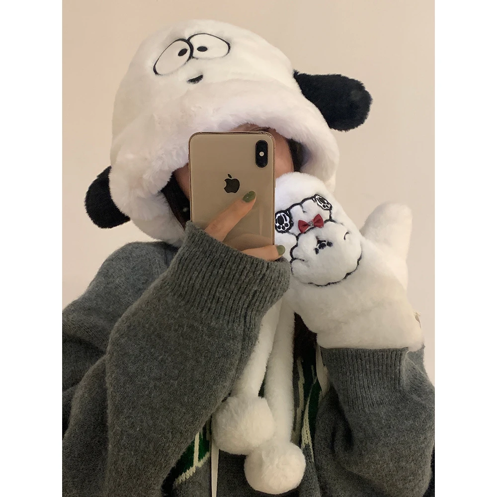 BANGKE LEE可爱卡通小狗毛绒帽子女秋冬季骑车加绒加厚保暖护耳帽