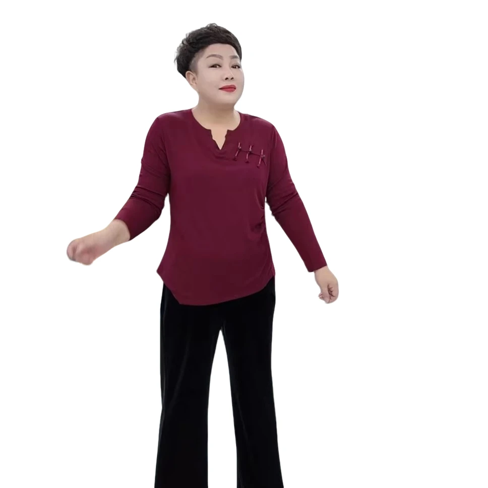 YZ2439秋季新款洋气新中式侧盘扣V领长袖T恤女修身盘扣打底上衣