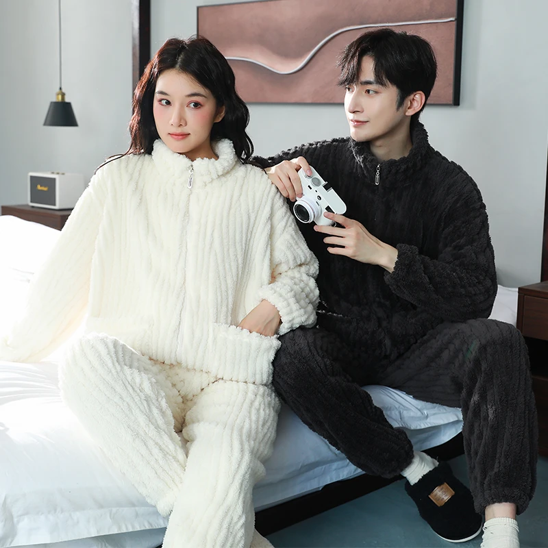 秋冬款情侣家居服套装树皮纹立领开衫加厚保暖长袖睡衣套装
