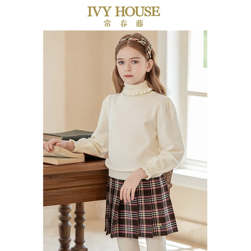 IVY HOUSE常春藤童装女童打底衫冬季新款 花边双翻高领毛衣