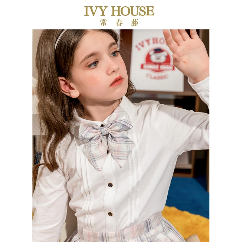 IVY HOUSE常春藤童装女童春季新款 长袖针织衬衫洋气百搭学院压褶