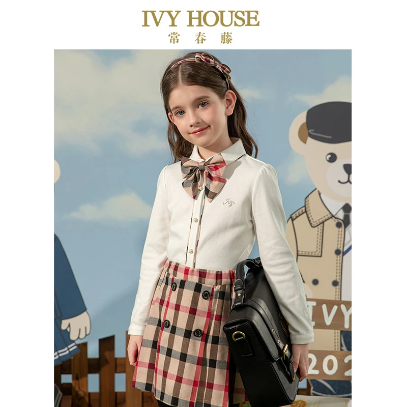 IVY HOUSE常春藤童装女童秋季新款 针织衬衫长袖撞色英伦学院上衣